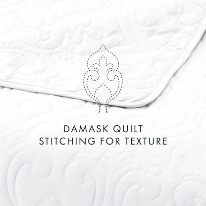 Ultra Soft White Damask Quilted Coverlet Set - Full Queen - Hypoallergenic, Breathable, Stain Resistant & Machine Washable, Decorative