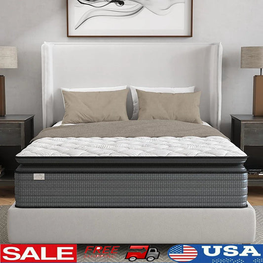 14 Inch Hybrid Pillow Top Queen Mattress, Left - Medium Firm Support - CertiPUR-US Certified Pressure Relief - Motion Isolation - Breathable