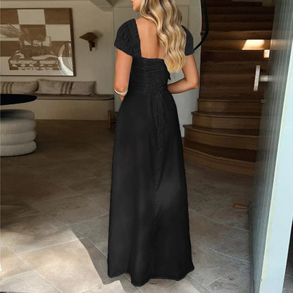 2025 Ladies Maxi Dress - Solid Colors - Chest Wrap - Bowknot Lace-up 2025