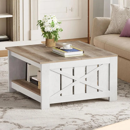 Square Coffee Table for Living Room with Storage - 2-Tier Wood Coffee Table Center Table , Grey Wash