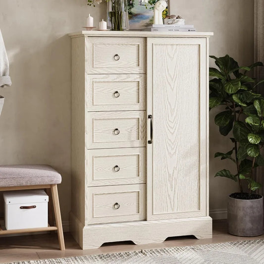 Dresser Storage Cabinet With 5 Drawers and Sliding Barn Door - 48" Tall Wood Rustic Chest for Bedroom, Kitchen Or Office
