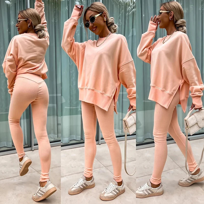 Women's Spring and Autumn Sports Hoodie - Long Sleeve - Solid Color Hoodie - Casual & Two Piece Set
