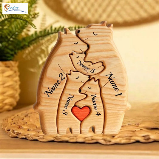 Personalized Custom Bear Family, Wooden Puzzle, Free Name Engraving