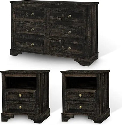 3 Pcs Bedroom Set - Rustic Wood 6 Drawer Dresser and Nightstands