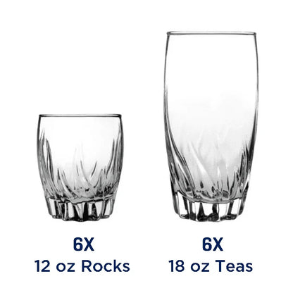 12 Piece Clear Glassware Set - Durable Highball Rocks Glasses - Dishwasher Safe