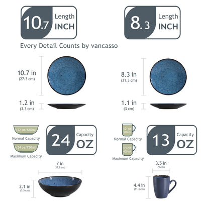 VANCASSO BUBBLE 16/32/48-Piece Tableware Set - Ceramic Blue/Brown Stoneware Set with Dinner. Dessert Plate, Bowl, Coffee Cups