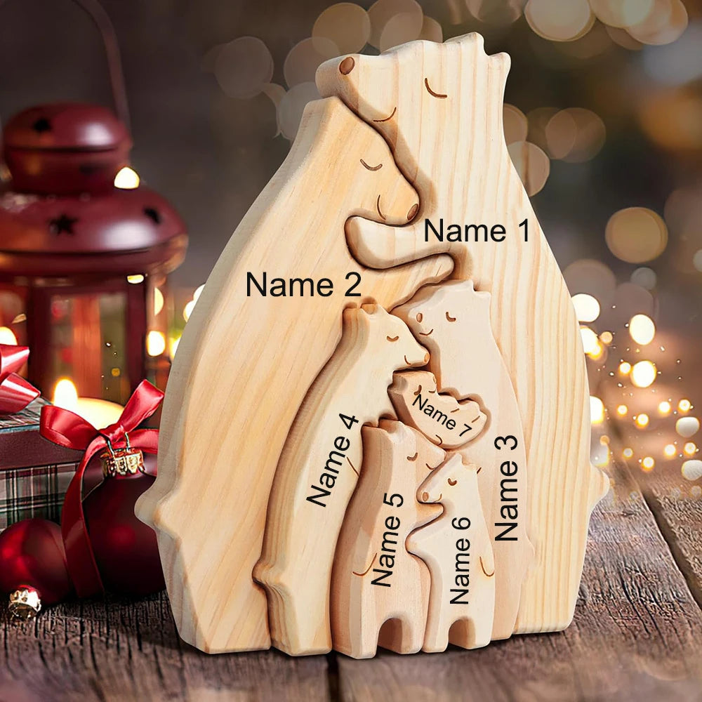 Personalized Custom Bear Family, Wooden Puzzle, Free Name Engraving