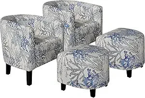 Accent Chair with Ottoman Set of 2 - Curve Back Living Room Chair - Stylish Barrel Club Chair and Footrest Set
