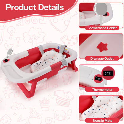 Portable Baby Bath with Soft Cushion & Thermometer, Newborn to Toddler 0-36 Months,