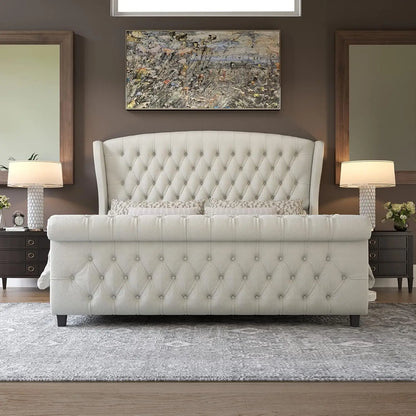Queen Size Platform Bed Frame - Chenille Upholstered Sleigh Bed with Wingback Headboard - No Box Spring - Cream