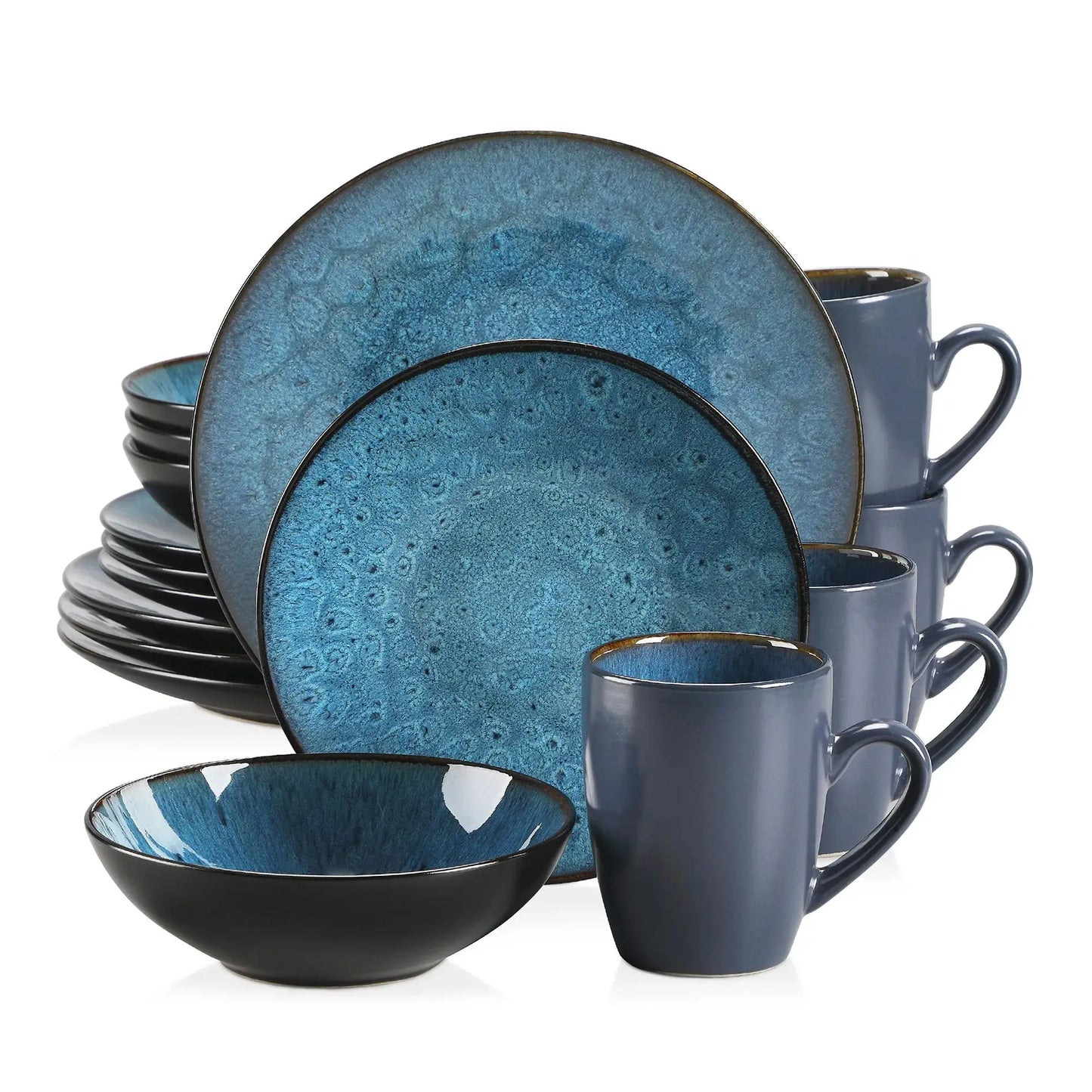 VANCASSO BUBBLE 16/32/48-Piece Tableware Set - Ceramic Blue/Brown Stoneware Set with Dinner. Dessert Plate, Bowl, Coffee Cups