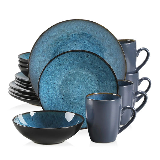 VANCASSO BUBBLE 16/32/48-Piece Tableware Set - Ceramic Blue/Brown Stoneware Set with Dinner. Dessert Plate, Bowl, Coffee Cups