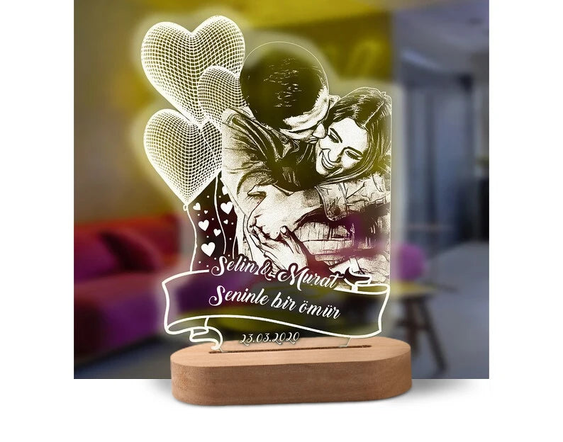 Custom Photo Night Light - Carved Wood Base - Personalized Text