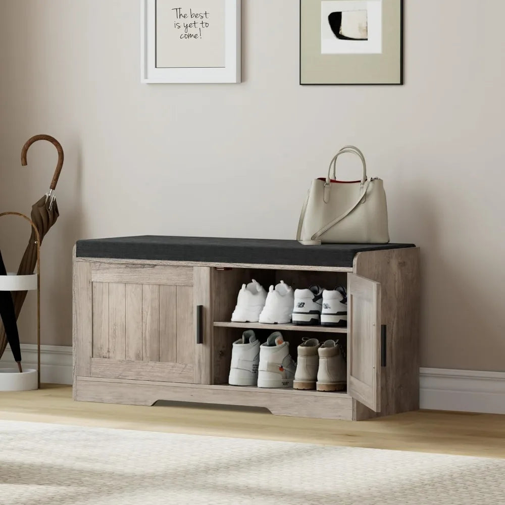 2-Tier Storage Shoe Bench with Thickened Padded Seat Cushion - Entryway Bench with 2 Doors - Adjustable Shelf