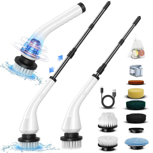 Electric Powerful Spin Scrubber With 8 Replaceable Brush Heads & Detachable Extension Handle - USB Cord