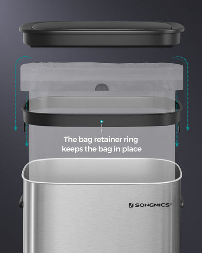 Motion Sensor Trash Can - 13 Gallon Automatic Garbage Can with Soft-Close Lid - Bag Retainer Ring - Stainless Steel