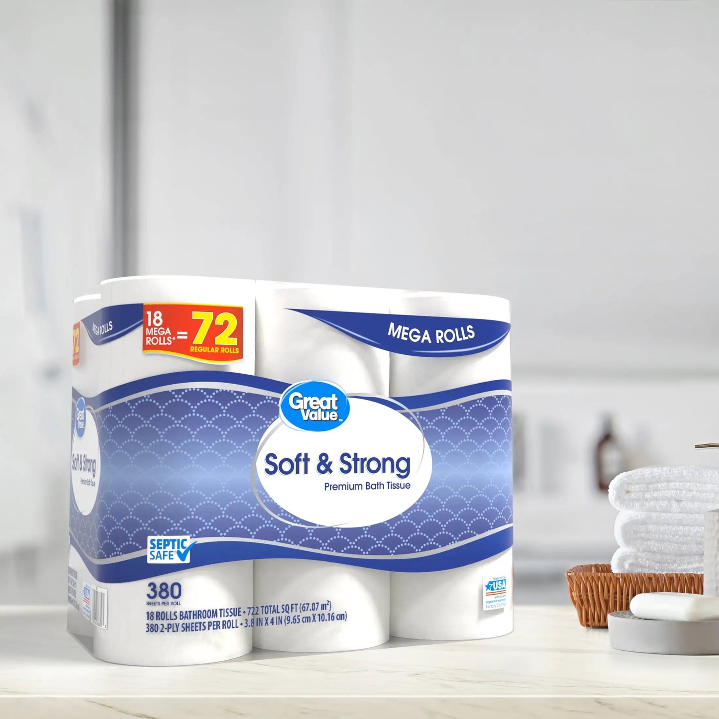 Great Value - Soft & Strong Premium Toilet Paper - 18 Mega Rolls = 72 Regular Rolls