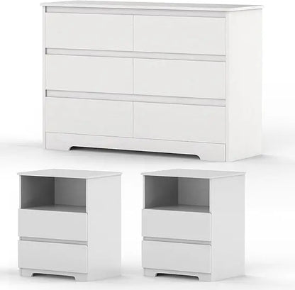 3 Pcs Bedroom Set - Rustic Wood 6 Drawer Dresser and Nightstands