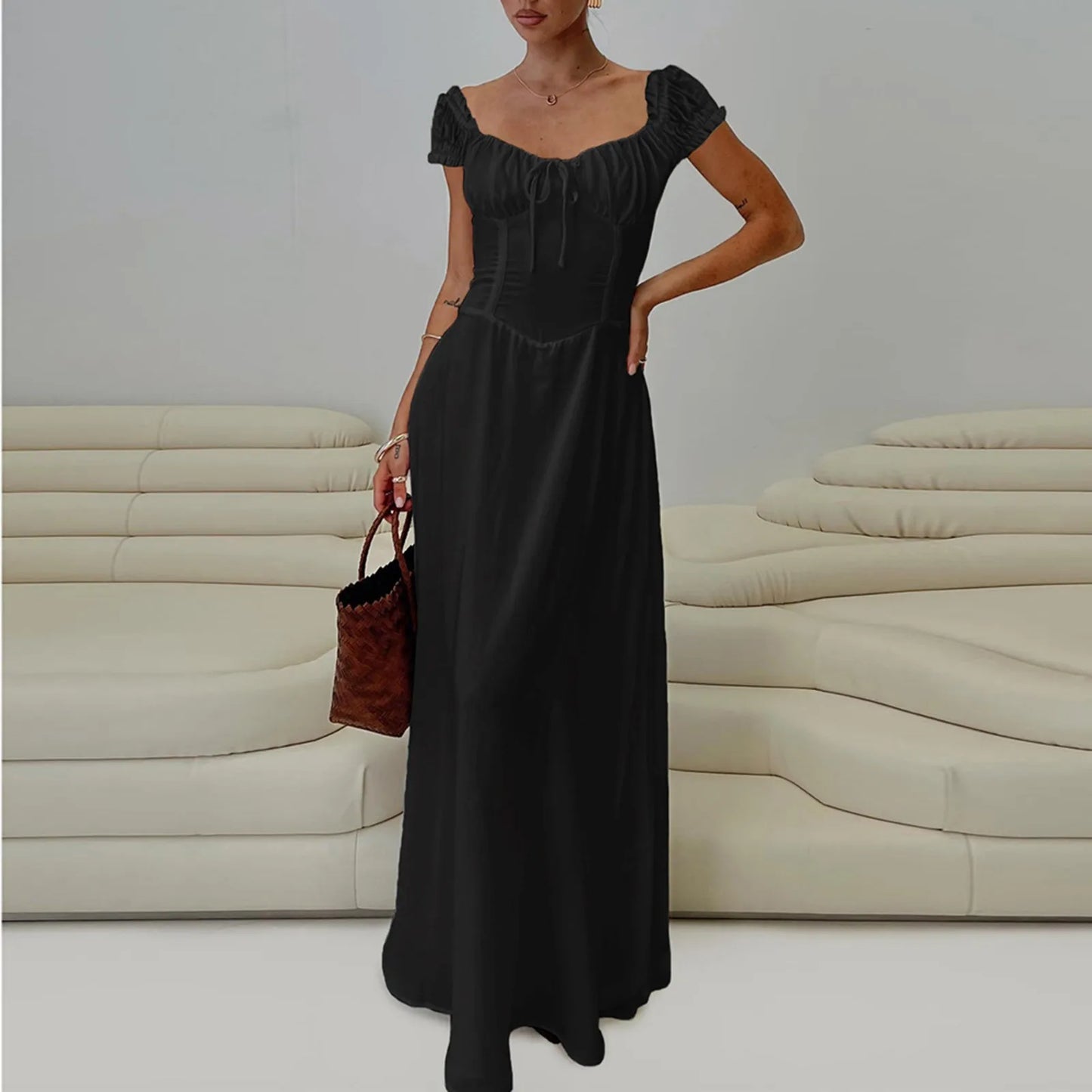 2025 Ladies Maxi Dress - Solid Colors - Chest Wrap - Bowknot Lace-up 2025