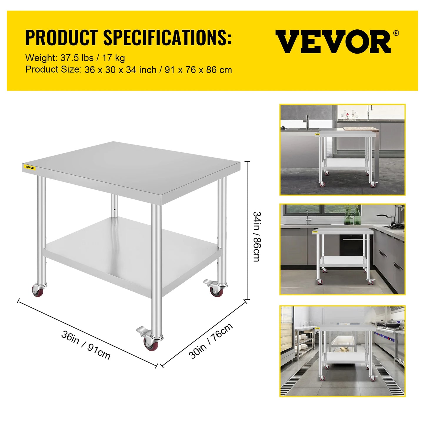 Stainless Steel Kitchen Work Space 2 Shelves, Moveable