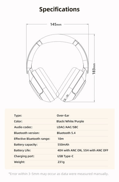Adaptive ANC Wireless Headphones Over Ear Headset - 50dB with LDAC Hi-Res - Wireless Audio Bluetooth 5.4 Dual Connection
