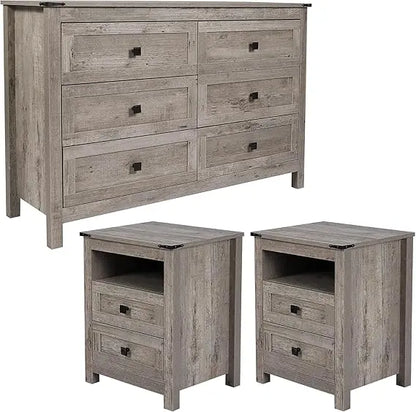 3 Pcs Bedroom Set - Rustic Wood 6 Drawer Dresser and Nightstands