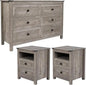 3 Pcs Bedroom Set - Rustic Wood 6 Drawer Dresser and Nightstands