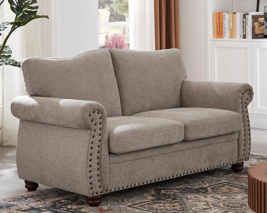 66" Small Couch with Rolled Arms - Chenille Fabric - Loveseat w/Springs Seat Cushion - Modern Curved Back - Turned Wood Legs