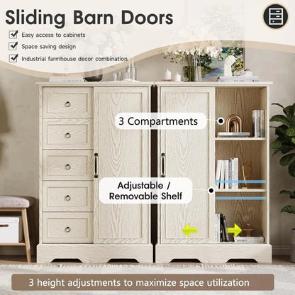 Dresser Storage Cabinet With 5 Drawers and Sliding Barn Door - 48" Tall Wood Rustic Chest for Bedroom, Kitchen Or Office