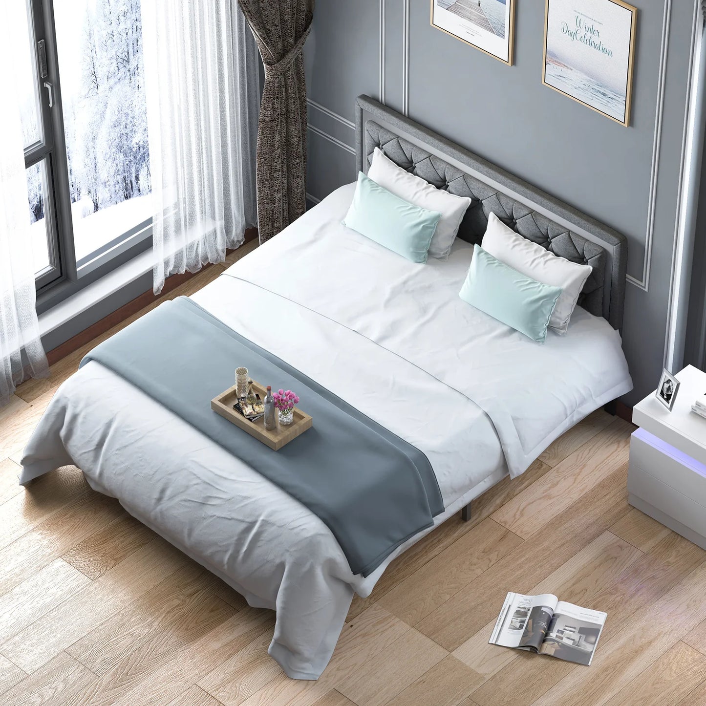 A Bed Frame - Upholstered Mattress Frame with Adjustable Headboard - Thin Velvet Bed Frame with Button Tufted Headboard