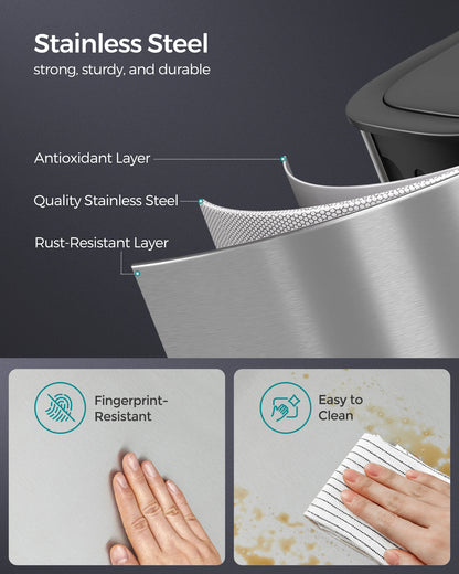 Motion Sensor Trash Can - 13 Gallon Automatic Garbage Can with Soft-Close Lid - Bag Retainer Ring - Stainless Steel