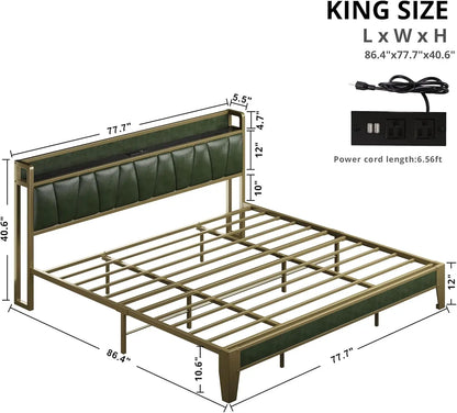 A New Bed Frame - Storage Headboard with Charging Station - No Box Spring Needed - Dark Green