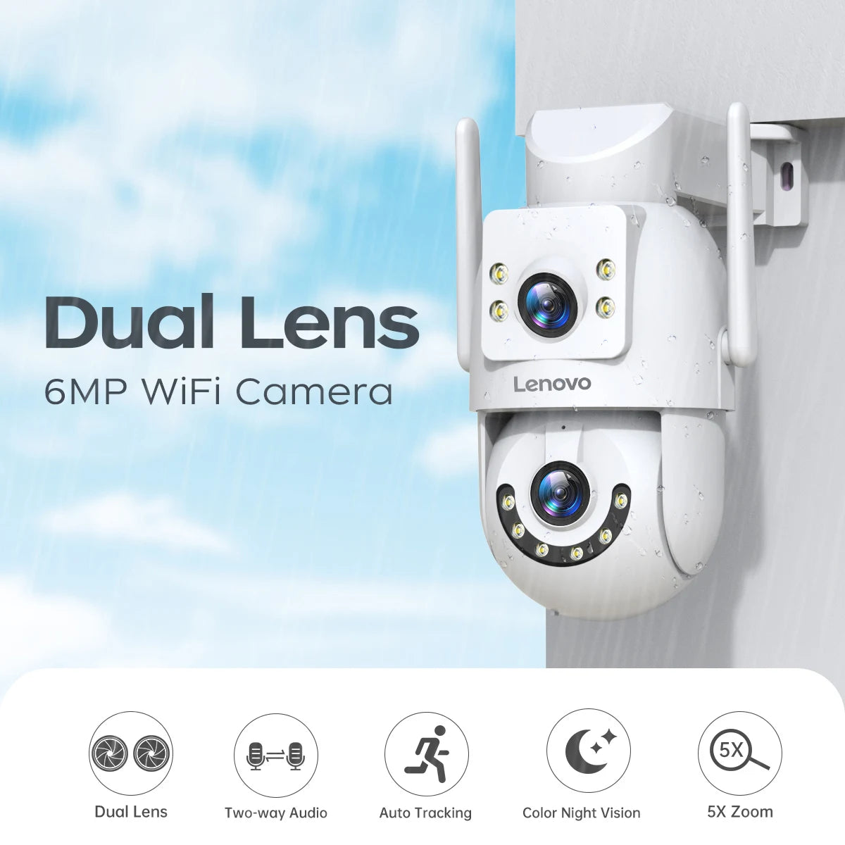 Lenovo 2025 4K WiFi Surveillance Camera - 5G WiFi, Outdoor Dual Lens, PTZ IP Cameras, Auto Tracking, Audio, Video ONVIF Security CCTV Camera