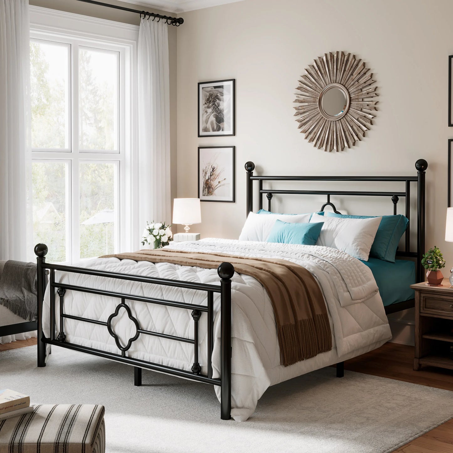 Metal Platform Bed Frame - Vintage Victorian Modern Style - Wrought Iron Headboard and Footboard