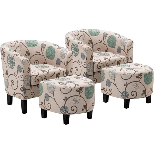 Accent Chair with Ottoman Set of 2 - Curve Back Living Room Chair - Stylish Barrel Club Chair and Footrest Set
