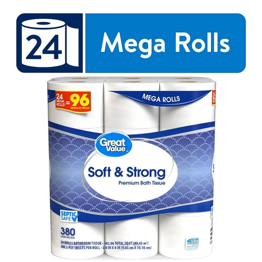Great Value Premium Soft & Strong Toilet Paper 24 Mega Rolls - 380 Sheets 2 Ply - Safe Septic Systems Gentle and Absorbent