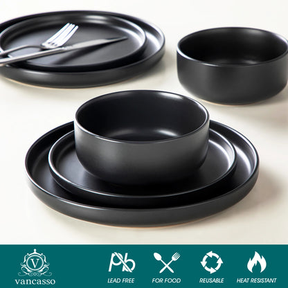 18/36 Piece Black Ceramic Plate Sets - Stoneware Dinner Set - Elegant Dinnerware with 6/12PCS Dinner Plate/Dessert/Bowl