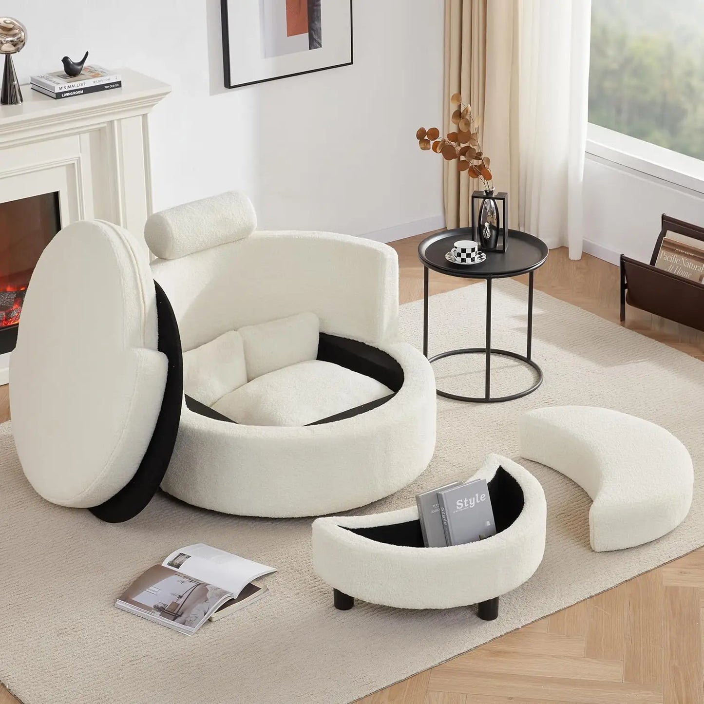 Swivel Accent Barrel Chair for Living Room - Oversized Swivel Round Chair with Storage - Chaise Lounge with Removable Pillows