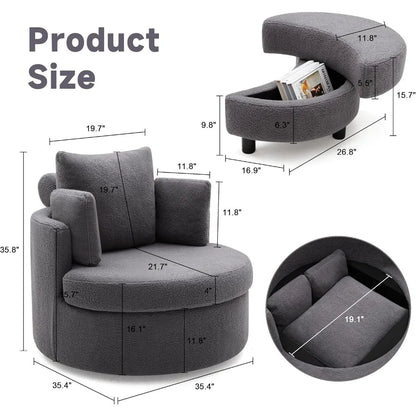 Swivel Accent Barrel Chair for Living Room - Oversized Swivel Round Chair with Storage - Chaise Lounge with Removable Pillows