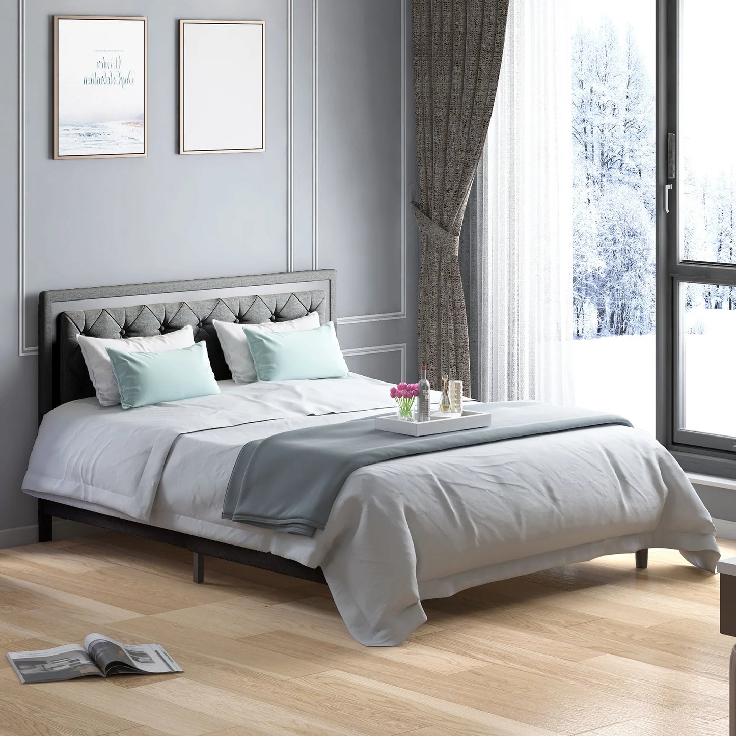 A Bed Frame - Upholstered Mattress Frame with Adjustable Headboard - Thin Velvet Bed Frame with Button Tufted Headboard