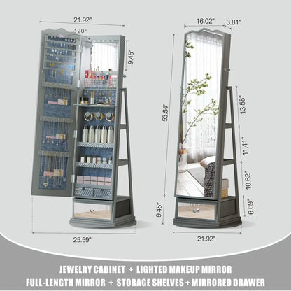 Full-Length Standing Mirror Jewelry Cabinet - 360 Swivel Armoire with LED Lights - Built-in Storage - Large Capacity Shelves & Drawer