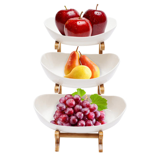 3 Tier Ceramic Fruit Basket - 3 Tier Serving Stand with Bamboo Wooden Frame - Porcelain Kitchen Bowls