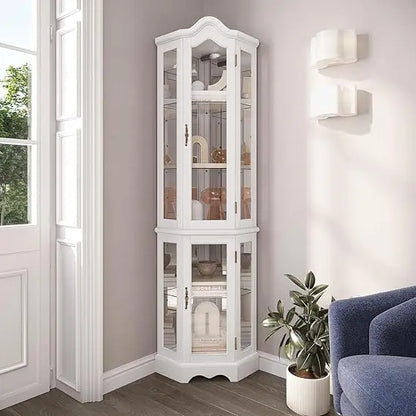 Lighted 3-Side Glass Display Curio Cabinet w/ Tempered Glass Doors and Shelves - Curved Wood Corner Cabinet with Bulb