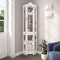 Lighted 3-Side Glass Display Curio Cabinet w/ Tempered Glass Doors and Shelves - Curved Wood Corner Cabinet with Bulb