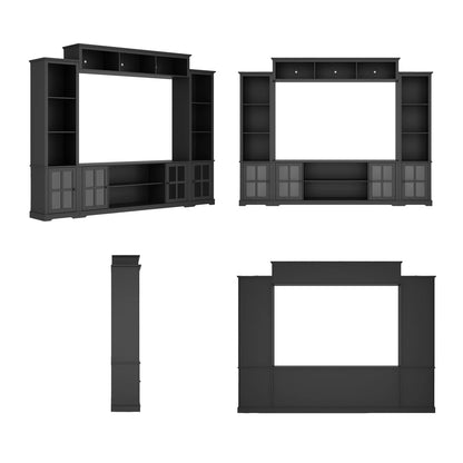 Modern TV Stand for up to 66" TVs - 4-Piece Wall Unit with Bookshelves, Glass Doors & Open Shelves, for Living Room