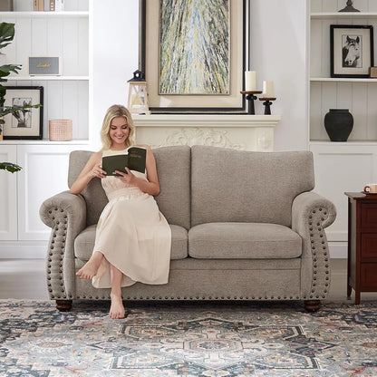 66" Small Couch with Rolled Arms - Chenille Fabric - Loveseat w/Springs Seat Cushion - Modern Curved Back - Turned Wood Legs