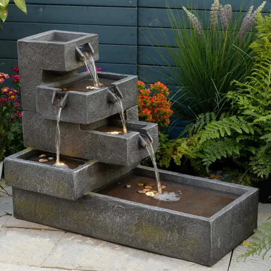 Tiered Waterfall Fountain Outdoor Garden - Concrete Artistry Modern Style with LED Lights