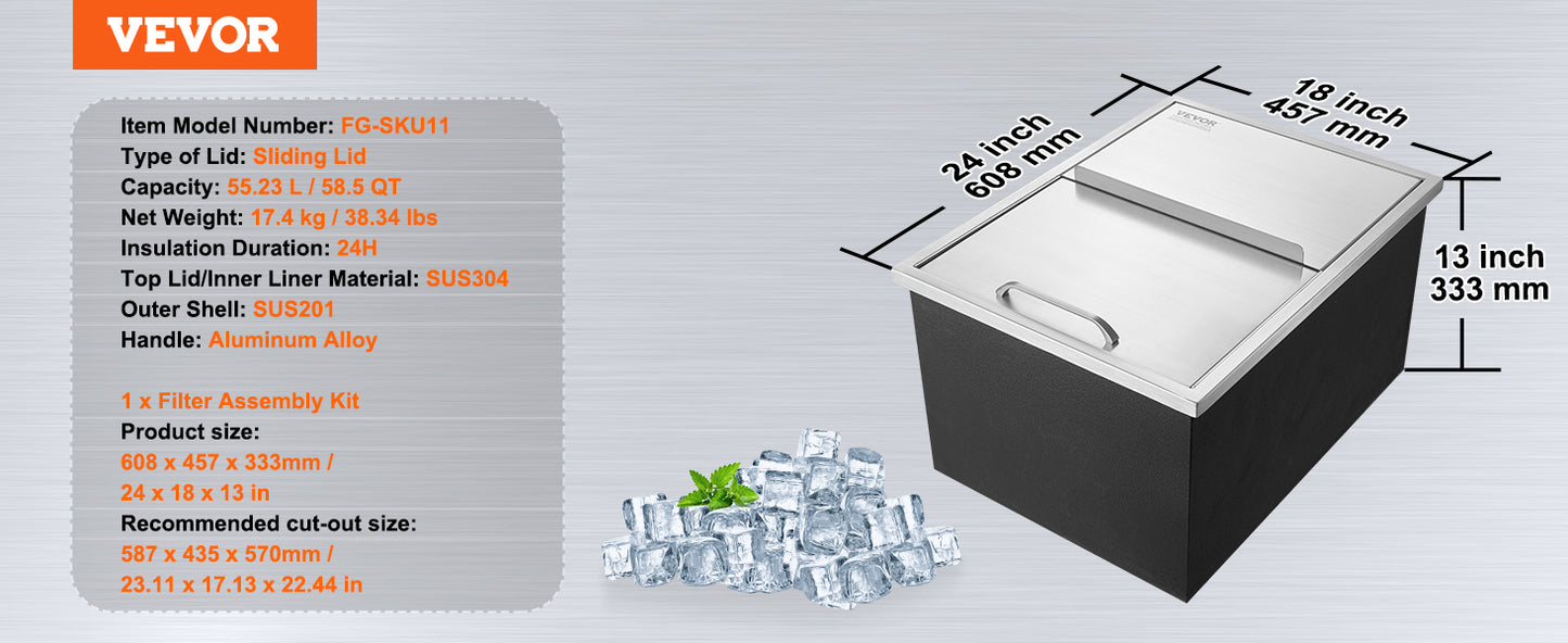 VEVOR Stainless Steel Ice Chest Bin with Sliding Cover, Kitchen or Outdoor Use