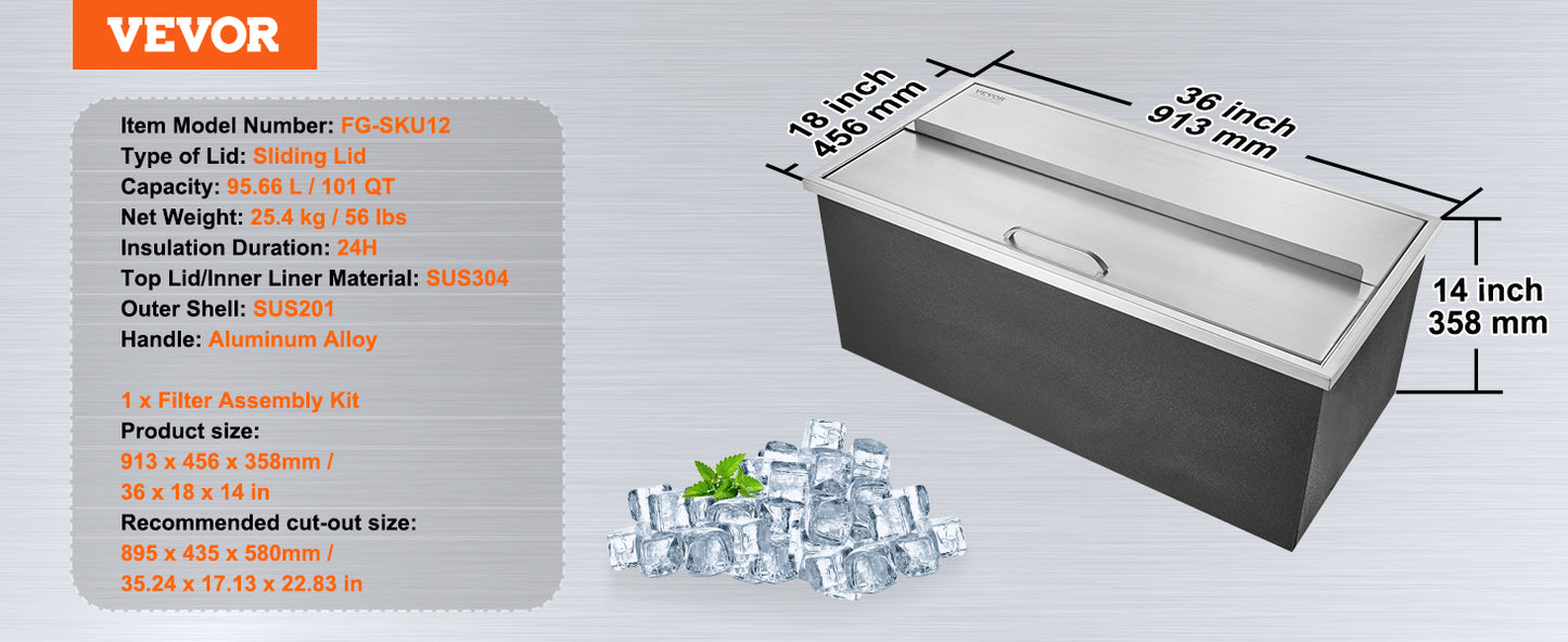 VEVOR Stainless Steel Ice Chest Bin with Sliding Cover, Kitchen or Outdoor Use