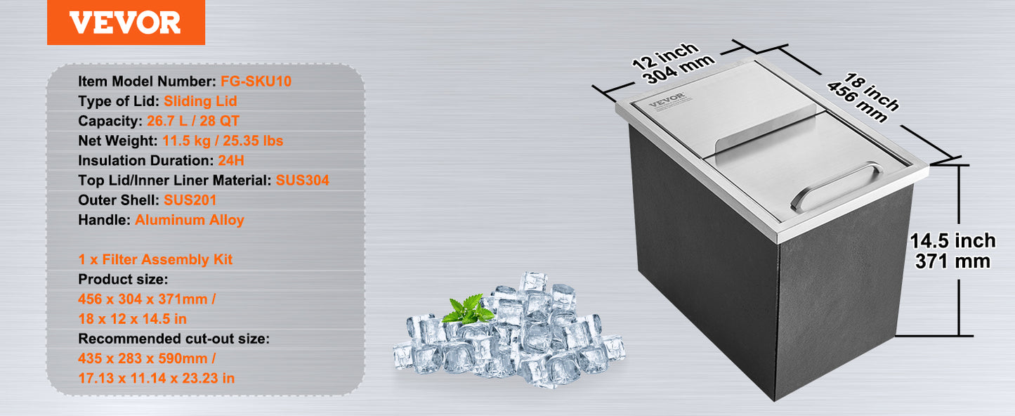 VEVOR Stainless Steel Ice Chest Bin with Sliding Cover, Kitchen or Outdoor Use